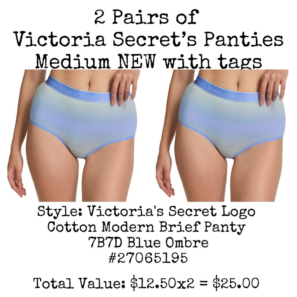 2 Pairs Victoria Secret Logo Cotton Brief Panty Medium Blue Ombre NEW with Tags